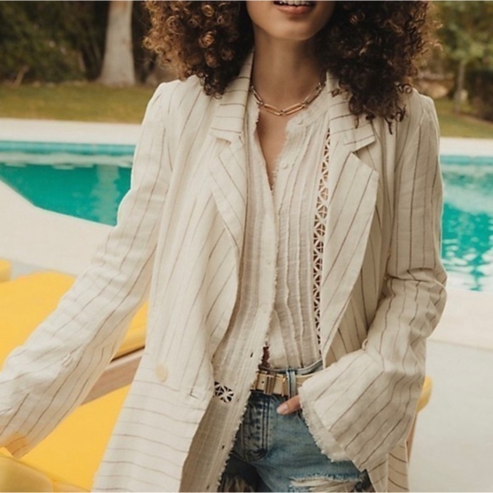 Free People Cream Pinstripe Linen-Blend Blazer